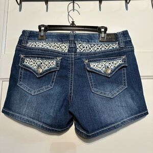Women’s Blue Denim Shorts Feminine Details Rhinestones**